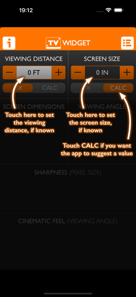 TV Widget + - Interfaz principal de la aplicación TV Widget mostrando la configuración de la calculadora de distancia de visualización y tamaño de pantalla con flechas de instrucción.
