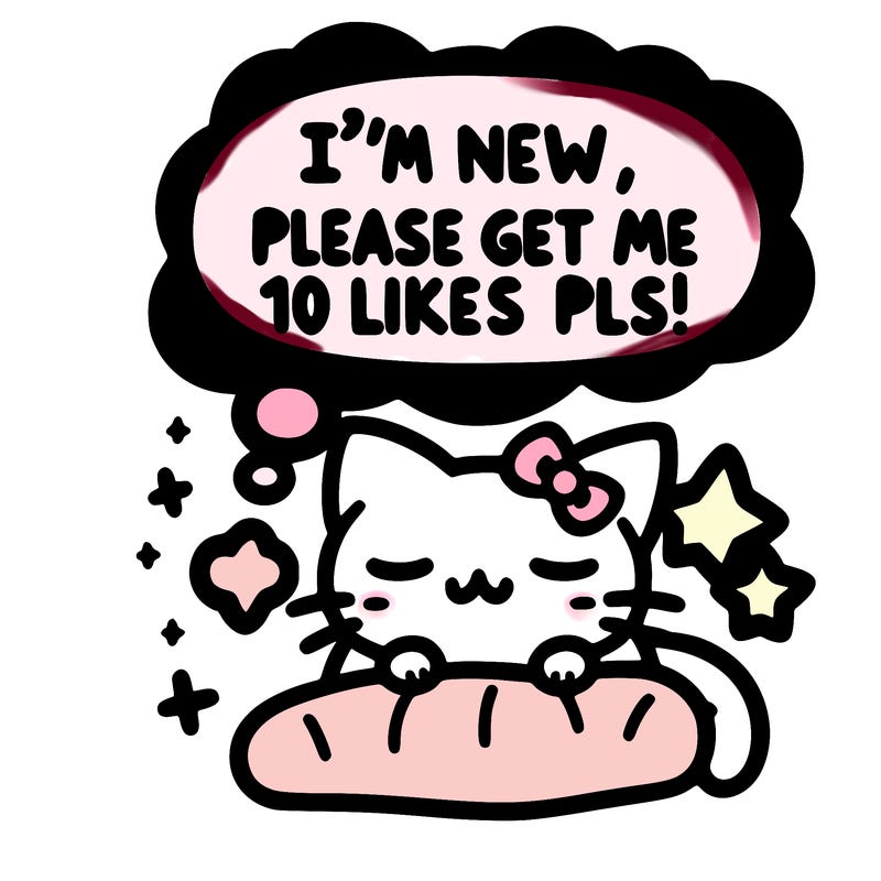 kitty taking a nap dream talking and saying "i'm new, please get me at least 10 likes pls!!"