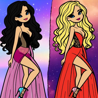 create a fashion model wearing a long dress with one of those long cuts in it and she is bending her front leg, smiling white long curly hair