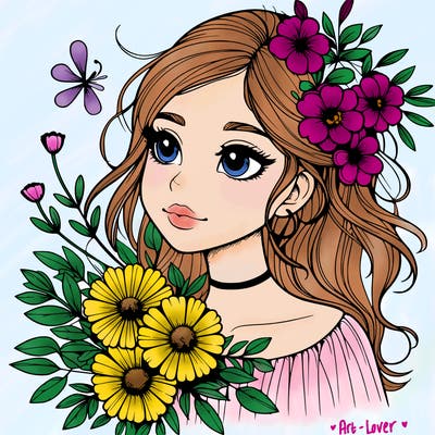 realistic girl with flowers
