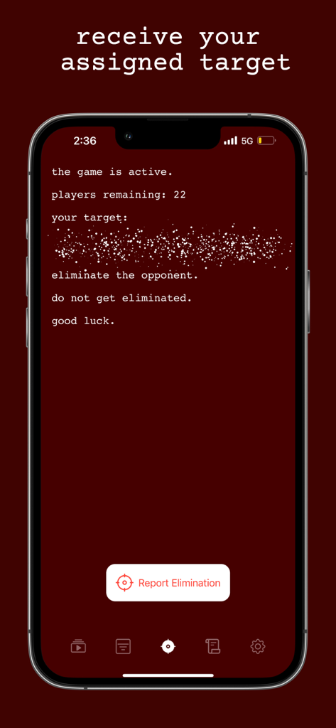 assassin. - Smartphone screen displaying an assigned target and game status in the assassin app