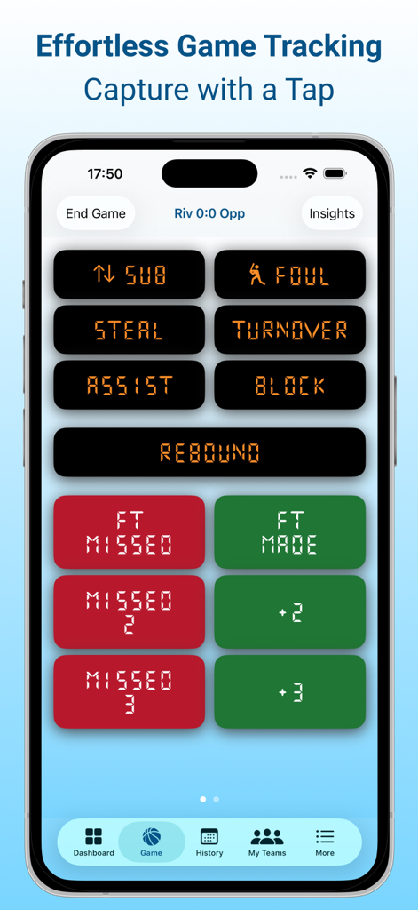 Hooper: Basketball Assistant - Interface of the Hooper app showing buttons for real-time basketball game stat tracking such as points, fouls, and rebounds