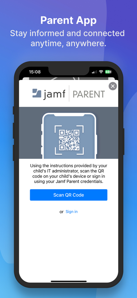 Jamf Parent - Jamf Parent app setup screen showing instructions to scan a QR code to connect a child's school-issued device.