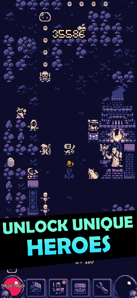 OneBit Adventure - OneBit Adventureのゲームプレイ画面。レトロピクセルアートのキャラクターと「ユニークなヒーローをアンロック」というテキストオーバーレイが表示されている。