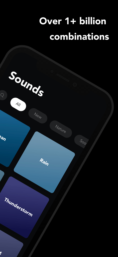 Sound Machine - White Noise - Schermata dell'app mobile che mostra varie categorie di suoni e riquadri per suoni di pioggia e temporali con un titolo che menziona miliardi di combinazioni.