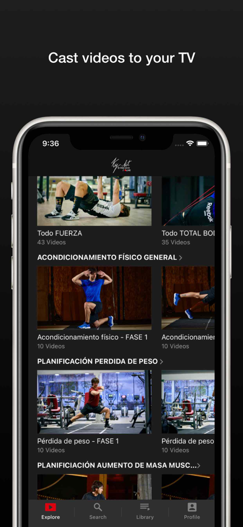 KY-FIT.LIVE - Interfaz de la aplicación KY-FIT.LIVE mostrando varios programas de fitness y la opción de transmitir videos a un televisor.