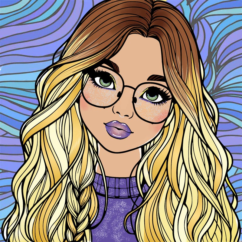 girl with long hair and freckles and glasses realistic