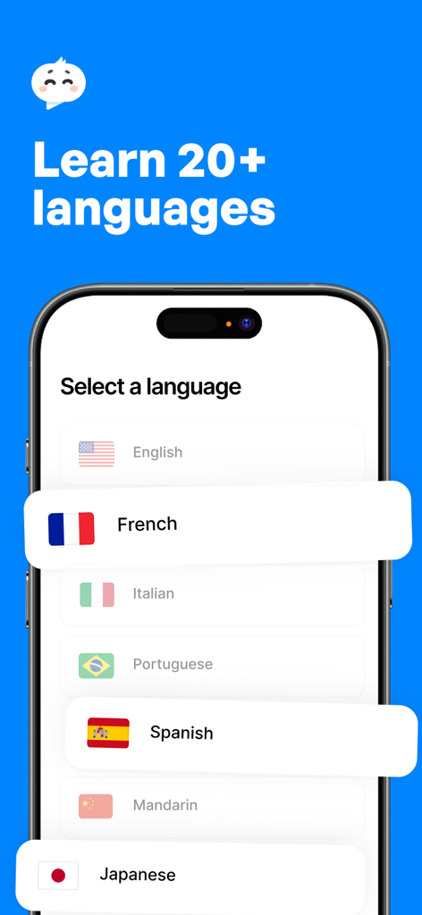 Langotalk-AI Language Learning - Langotalk app interface showing a list of available languages including French Spanish and Japanese