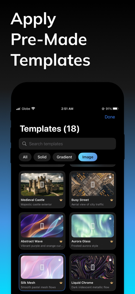 Screenfully mobile app interface showing a collection of artistic background templates for video demos.