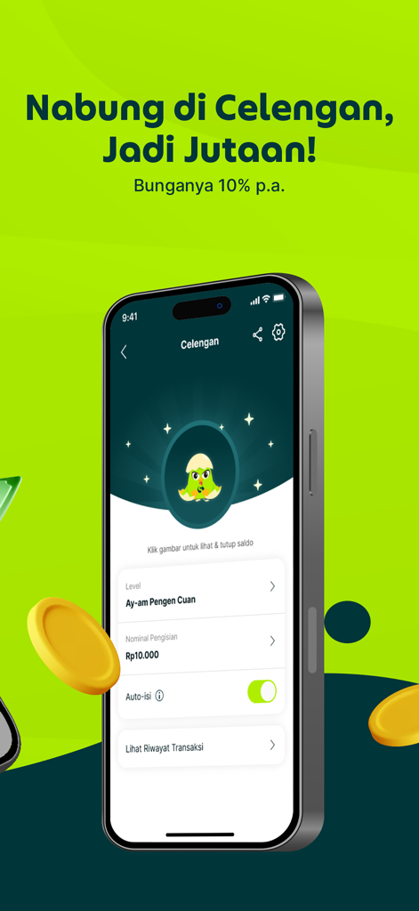 Superbank: Save, Borrow, Grow - Superbank mobile app interface showing Celengan savings with 10 percent interest rate