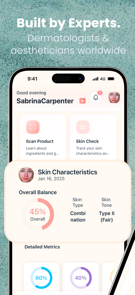 Skintify app interface displaying a personalized skin health report and characteristics analysis.