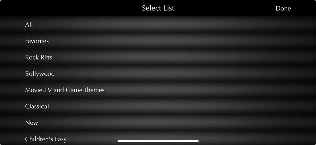 Guitar Riff - Play by Ear - Una lista de categorías de canciones en la aplicación Guitar Riff que incluye riffs de rock, temas de bollywood y clásicos
