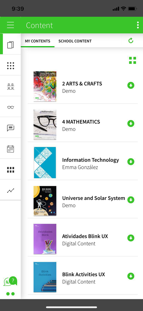 Blinklearning - Blinklearning app interface showing a list of digital school textbooks for subjects like arts and mathematics