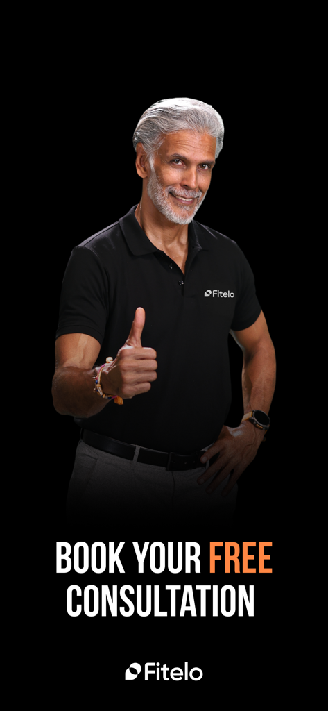 Um homem fazendo sinal de positivo com texto convidando para agendar uma consulta gratuita no aplicativo Fitelo