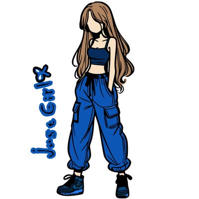 girl in baggy pants crop top and long hair