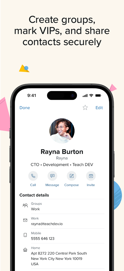 Fastmail – Email & Calendar - Fastmail app showing a detailed professional contact profile with secure sharing and group management features.