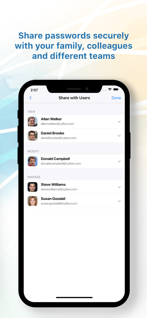 Zoho Vault - Password Manager - Zoho Vault mobile app screen showing how to share passwords securely with colleagues and teams including permission settings