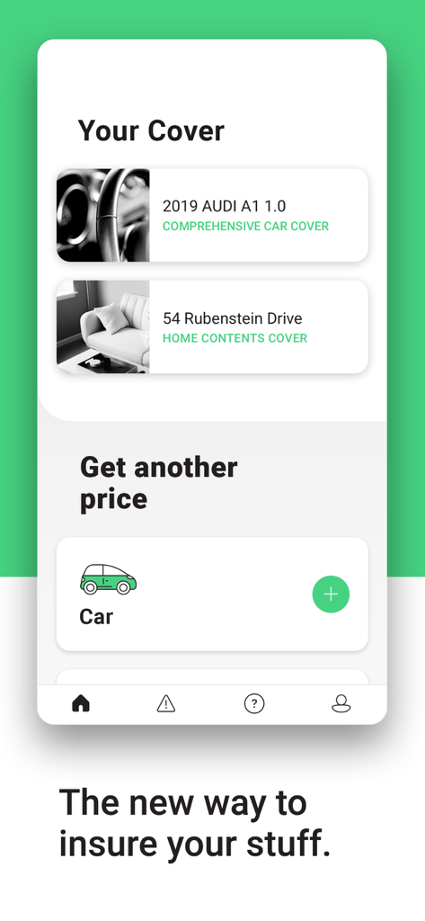 Naked Insurance - Smartphone screen of Naked Insurance app displaying active car and home contents cover.