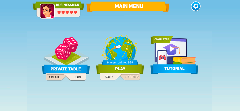 Business Tour Junior - Menú principal de Business Tour Junior mostrando opciones de juego para mesas privadas, juego online y tutoriales.