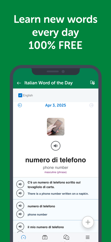 Innovative Language Learning - Innovative Language app interface showing the Italian word of the day with audio and examples