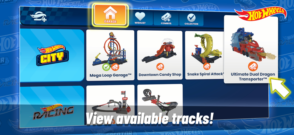 Interface of the Hot Wheels Track Creator app showing the Garage menu with various track playsets like City and Racing
