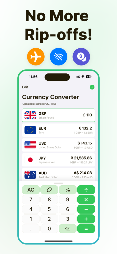 Currency Converter – Moneta - Moneta-App-Oberfläche zeigt Währungsumrechnungen für GBP EUR USD JPY und AUD mit einem Taschenrechner an