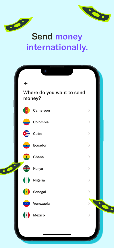 Smartphone showing the MAJORITY app interface for sending money internationally with a list of available countries and flags