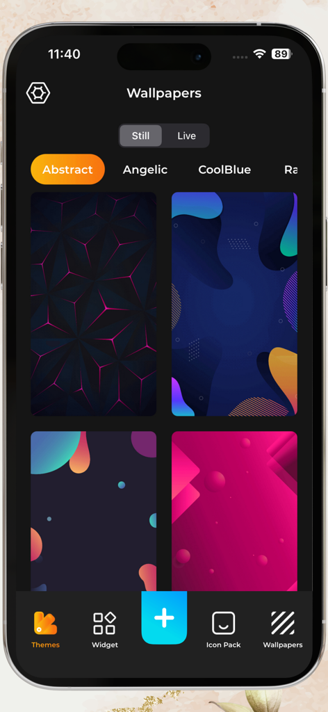 Icon, Widgets & Themes - A selection of abstract wallpaper designs within the Icon Widgets and Themes app interface