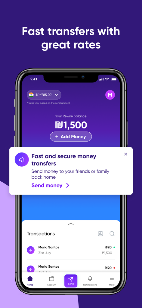 Rewire mobile app dashboard showing account balance and fast money transfer features