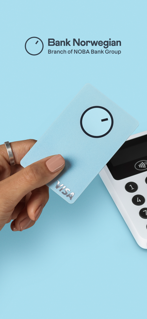 A hand holding a light blue Bank Norwegian Visa credit card near a contactless payment terminal.