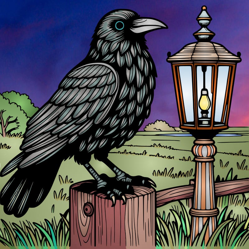 a detailed crow on a lamp post in a field