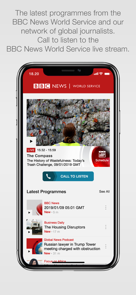 Interface of the BBC World Service app on an iPhone showing global news programmes and a call to listen button