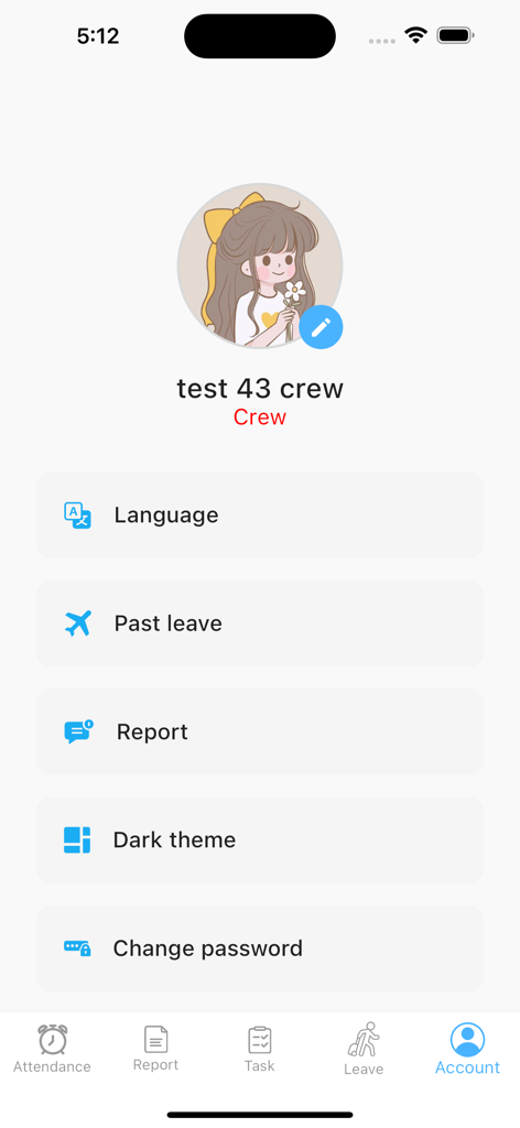 IMPL ERP - Pantalla de perfil de cuenta en la aplicación IMPL ERP que muestra la configuración de idioma, licencias pasadas e informes