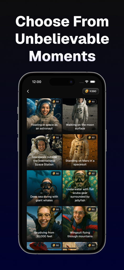 AI Video Generator - VidaxAI - VidaxAI mobile app interface displaying AI video creation templates for space travel and adventure scenes