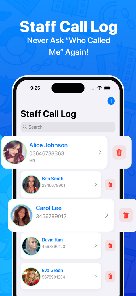Contact Pro Desk - Interface of the Contact Pro Desk app showing a list of staff call logs with names and phone numbers