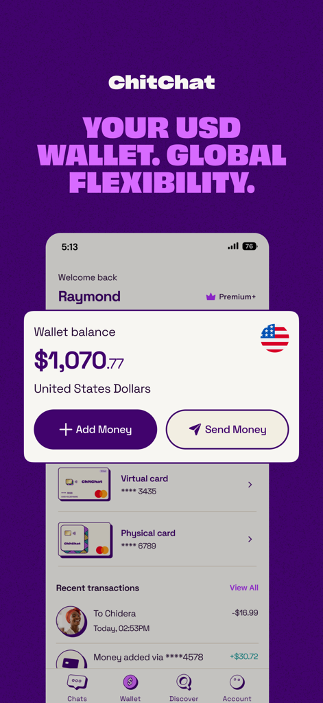 ChitChat mobile app USD wallet screen showing account balance and recent transactions