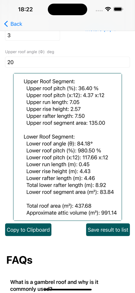 Construction Roofing calc - Gambrel roof calculation results showing pitch and rafter length in the Construction Roofing calc app