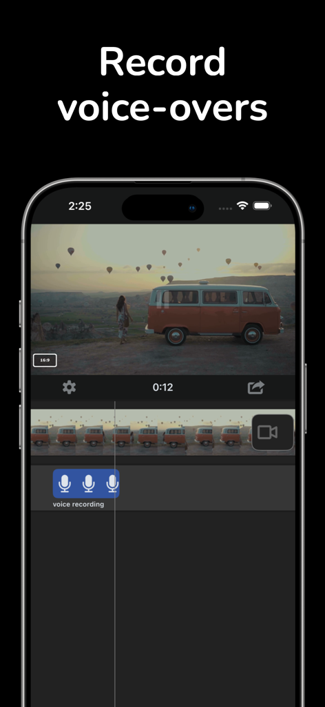 Video Music - Pantalla de smartphone mostrando la función de grabación de voz en off de la aplicación Video Music