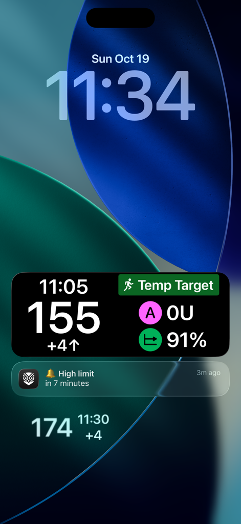 iPhone lock screen displaying real-time glucose levels and high limit alerts from the Guardian Monitor app