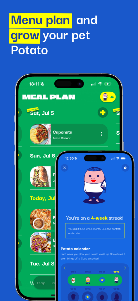 Menu planner - OH, a potato! - Interface de planification de repas hebdomadaire et un personnage de patate d'animal de compagnie ludique montrant une réussite de quatre semaines consécutives.