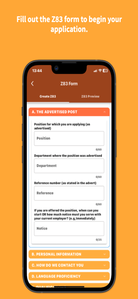 A mobile phone screen displaying the Zapp83 app interface for filling out a digital job application form.