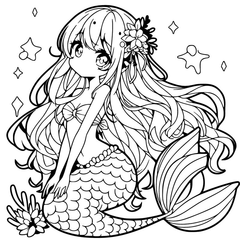 a beautiful anime mermaid with flowing hair and a beautiful tail