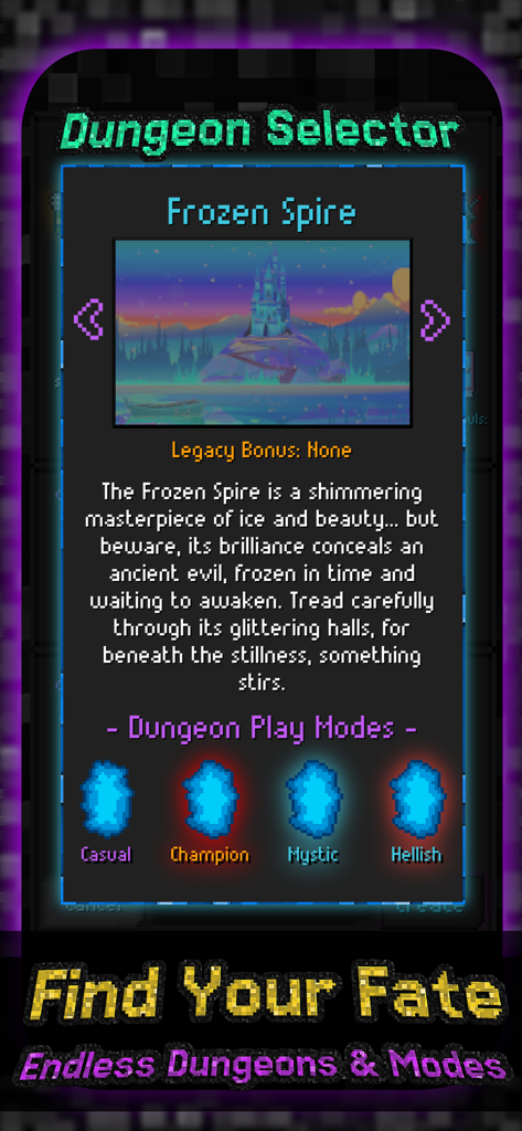 Adventure To Fate: Dungeons - Dungeon selector screen for Frozen Spire showing multiple play modes in Adventure To Fate Dungeons