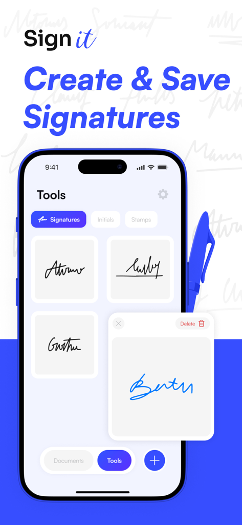 Sign Documents: PDF Signature - SignIt-App-Oberfläche, die eine Sammlung gespeicherter handgeschriebener digitaler Signaturen im Menü Werkzeuge zeigt