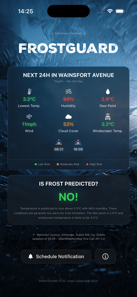 FrostGuard - Dashboard of the FrostGuard app showing weather metrics and a prediction that no frost is expected
