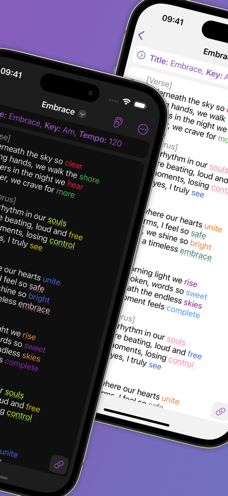 Interface of the Lyrcs songwriting app showing lyrics with colored rhyme highlighting and metadata on two iPhones in dark and light modes.