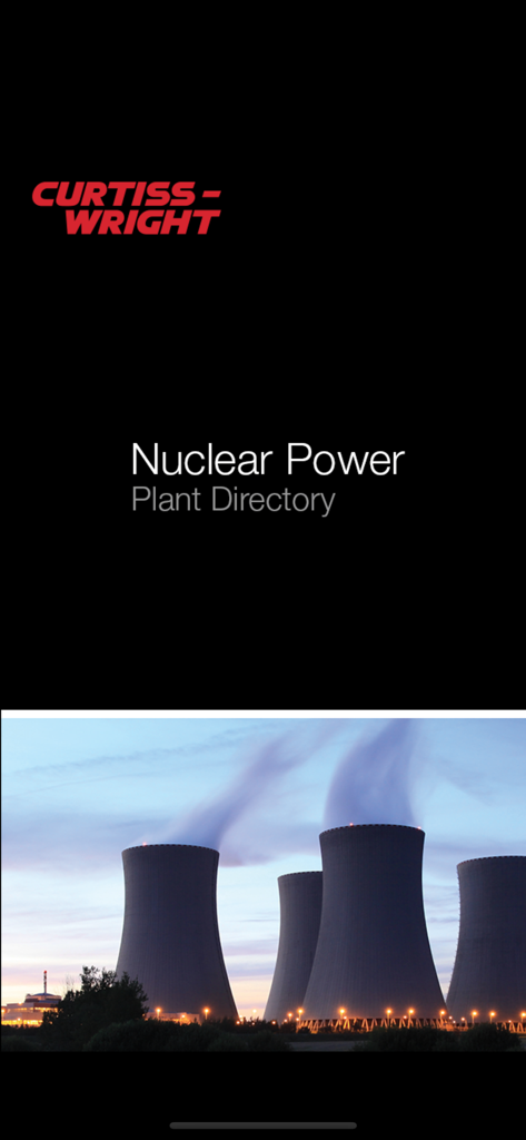 CW Nuclear - CW Nuclear app splash screen featuring the Curtiss-Wright logo and nuclear power plant cooling towers