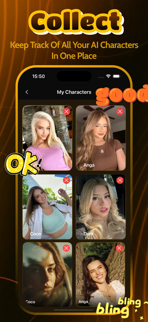 Fitio - Chat, Message - A mobile app interface showing a library of saved AI characters under a My Characters section in the Fitio app.