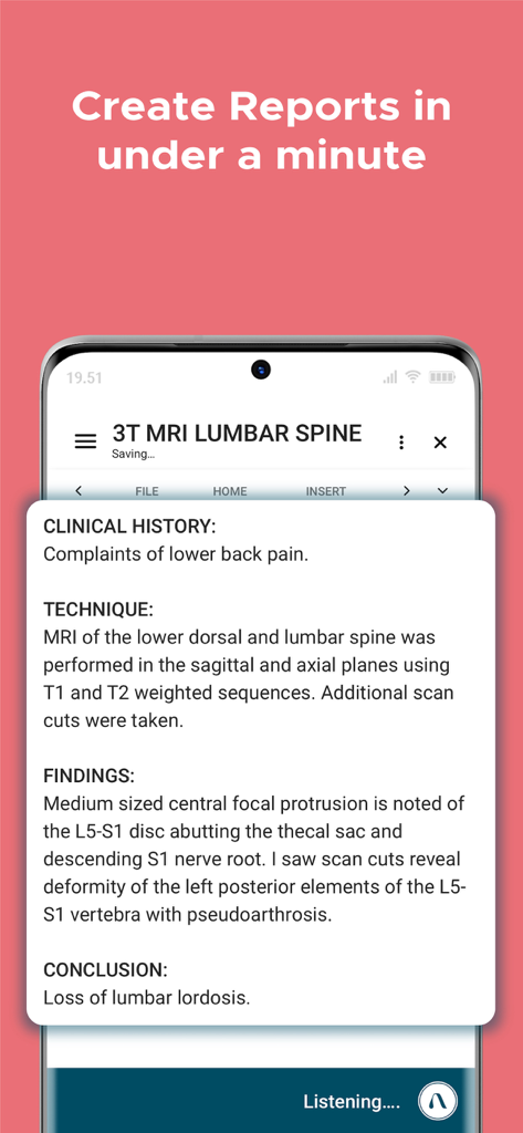Augnito medical dictation app showing an MRI report being created on a smartphone