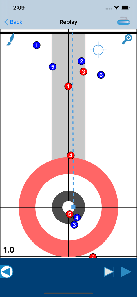 Curling game replay showing numbered red and blue stones on the ice for strategy analysis